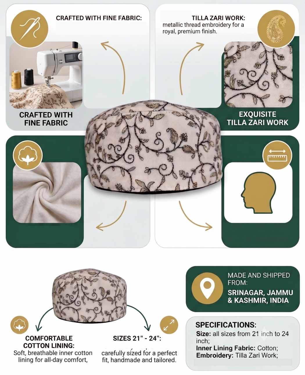 Adil Qadri Classic White Cap with Zari Work