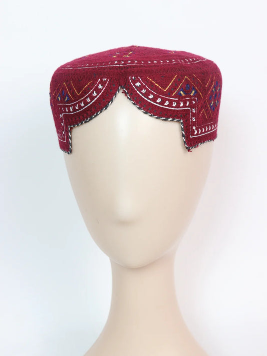 Maroon Farhan Sindhi Traditional Cap | Topi With Embroidery