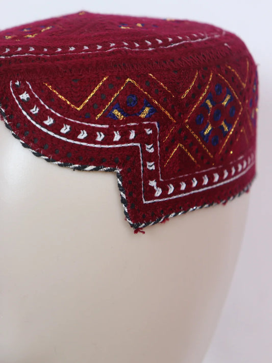 Maroon Farhan Sindhi Traditional Cap | Topi With Embroidery