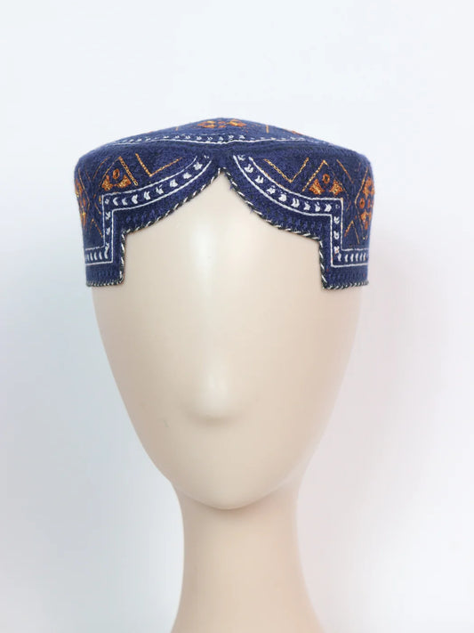 Saad Navy Blue Sindhi Traditional Cap With Embroidery