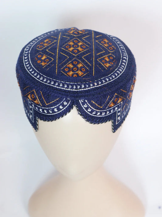 Saad Navy Blue Sindhi Traditional Cap With Embroidery