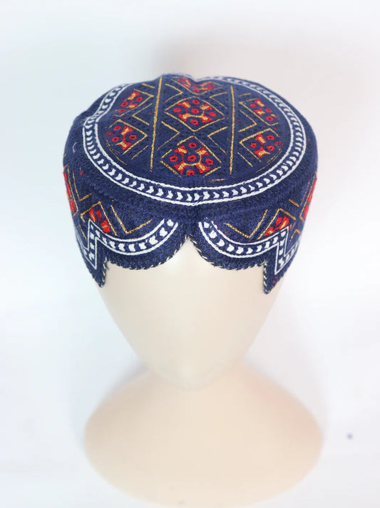 Navy Blue Shaheen Sindhi Traditional Topi With Embroidery