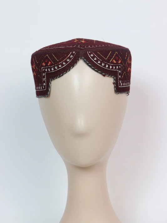 Maroon Traditional Sindhi Topi With Embroidery Abrar