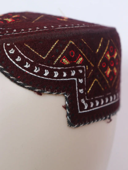 Maroon Traditional Sindhi Topi With Embroidery Abrar
