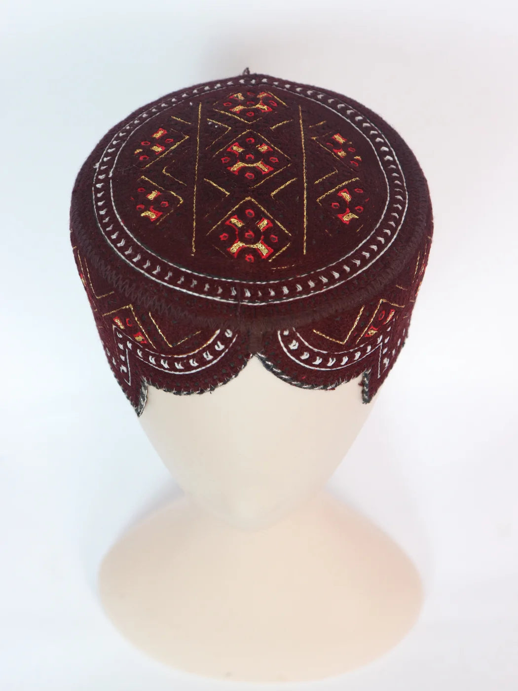 Maroon Traditional Sindhi Topi With Embroidery Abrar