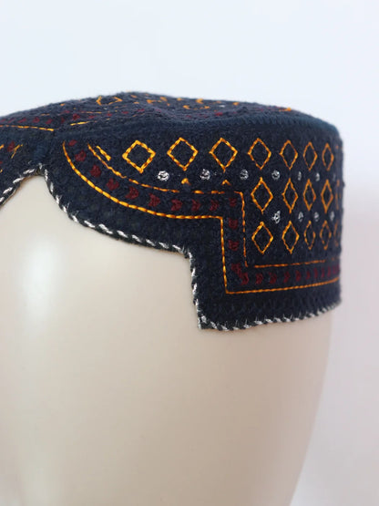 Navy Blue Traditional Sindhi Cap | Bugti Topi With Embroidery Aahsaan