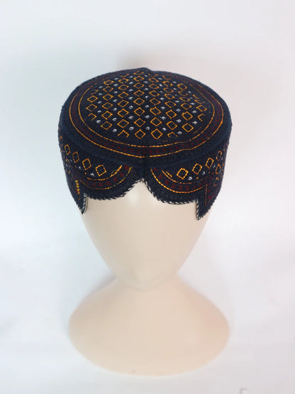 Navy Blue Traditional Sindhi Cap | Bugti Topi With Embroidery Aahsaan
