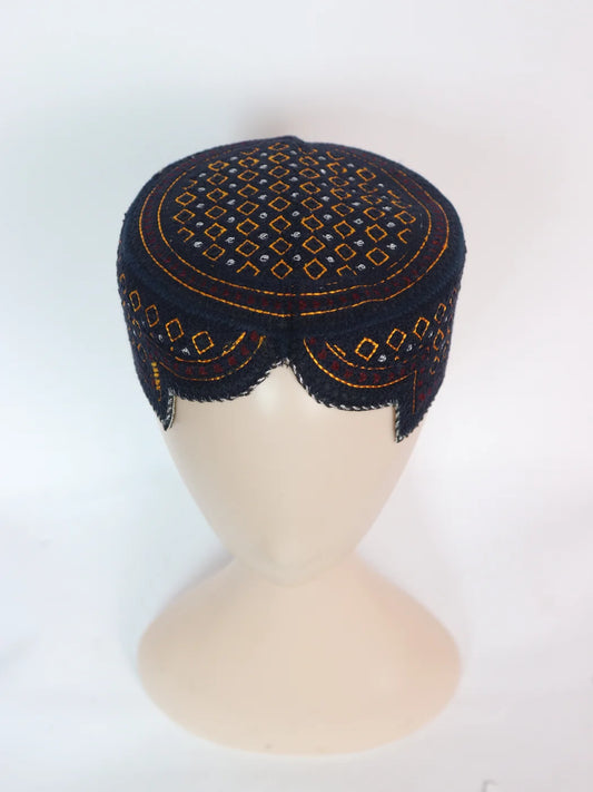 Navy Blue Traditional Sindhi Cap | Bugti Topi With Embroidery Aahsaan