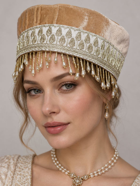 Beige Kashmiri Partywear Velvet Cap With Zari Work for Women Shamim