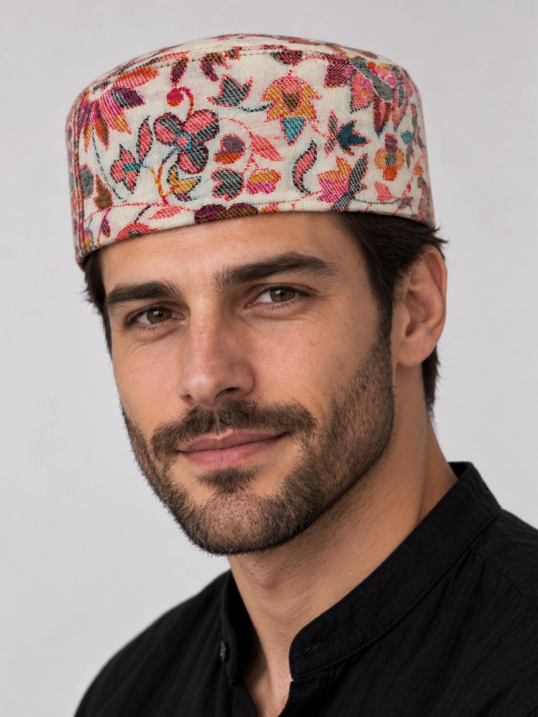 White Kani Round Cap from Kashmir | Abdullah