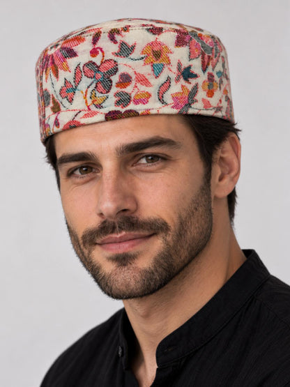 White Kani Round Cap from Kashmir | Abdullah