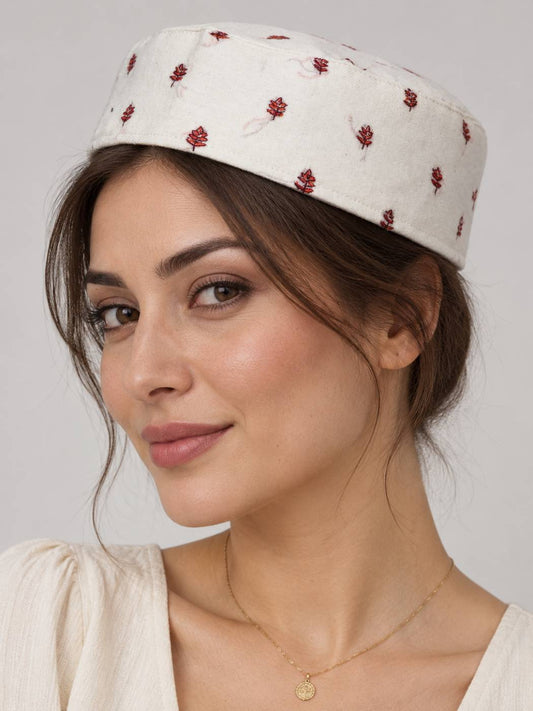 Classic White Kashmiri Cap With Hand Sozni Work Boothis