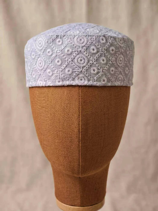 Lucknowi Chikan Embroidered Cotton Cap for Summer | Grey and White