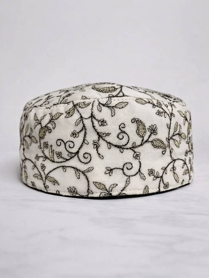 white zari embroidery cap for men