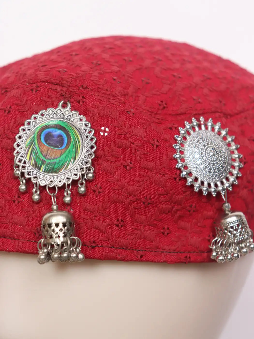 Kashmiri Women Mehar Bridal Chikankari Cap With Jewlery In Kasaba Style