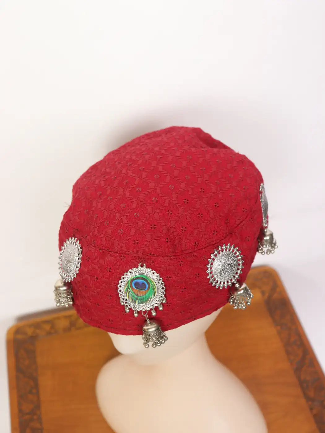 Kashmiri Women Mehar Bridal Chikankari Cap With Jewlery In Kasaba Style