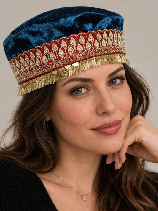 Neelam Kashmiri Velvet Cap for Wedding With Zari Work For Women In Navy-blue
