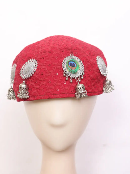 Kashmiri Women Mehar Bridal Chikankari Cap With Jewlery In Kasaba Style