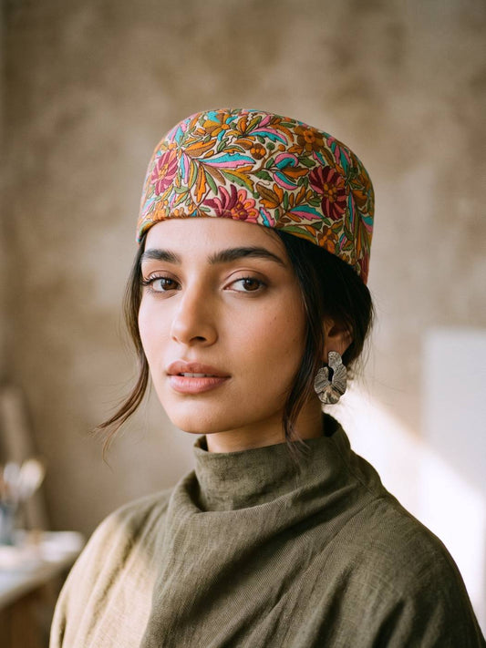 Mehfil Sozni Paper Machie Jamawar Work Designer Beige Cap