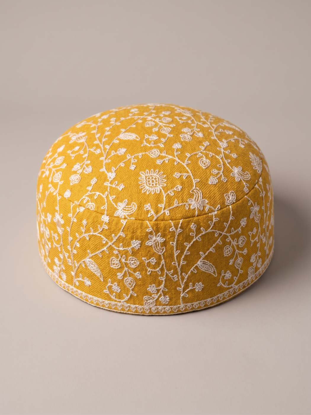 Sozni Embroidered Kashmiri Cap for Gents in Mustard Color in Toosha