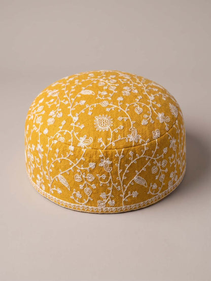 Sozni Embroidered Kashmiri Cap for Gents in Mustard Color in Toosha