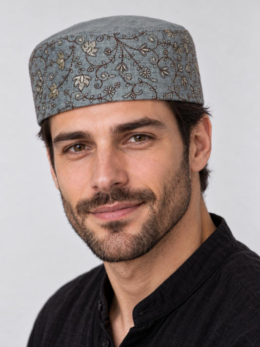 Kashmiri Grey Designer Cap for Men With Zari Work Imran